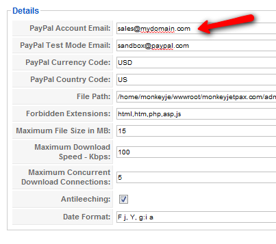 Nice PayPal Downloads settings